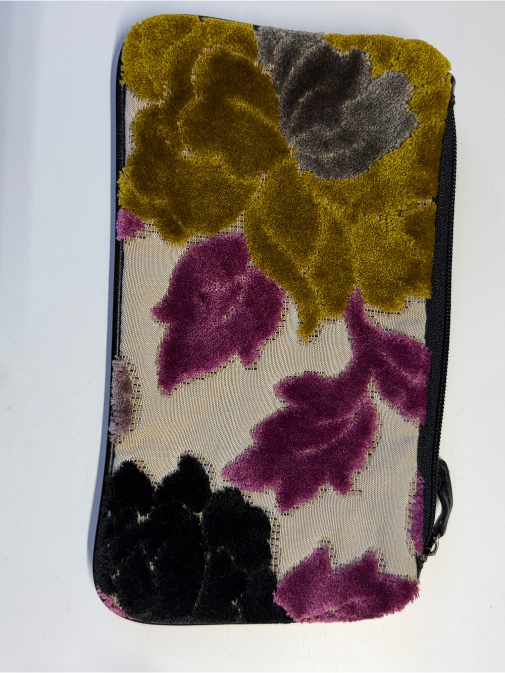 Velvet Floral Zip Wristlet Clutch in Olive, Plum & Black